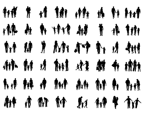 白い背景を歩く家族の黒いシルエット - ベクター画像