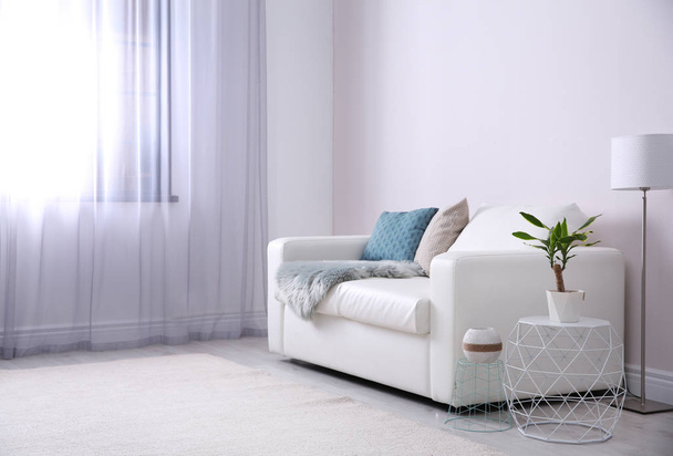 Interior moderno da sala de estar com sofá confortável. Espaço para texto
 - Foto, Imagem