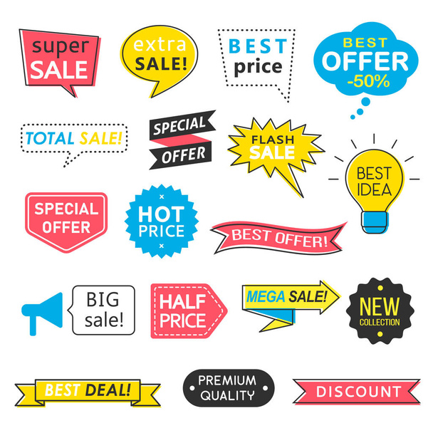 Set of sale badges, speech bubbles and ribbons, mega sale arrows, special offer labels, best price website banners. Promotion signs collection. - Вектор, зображення