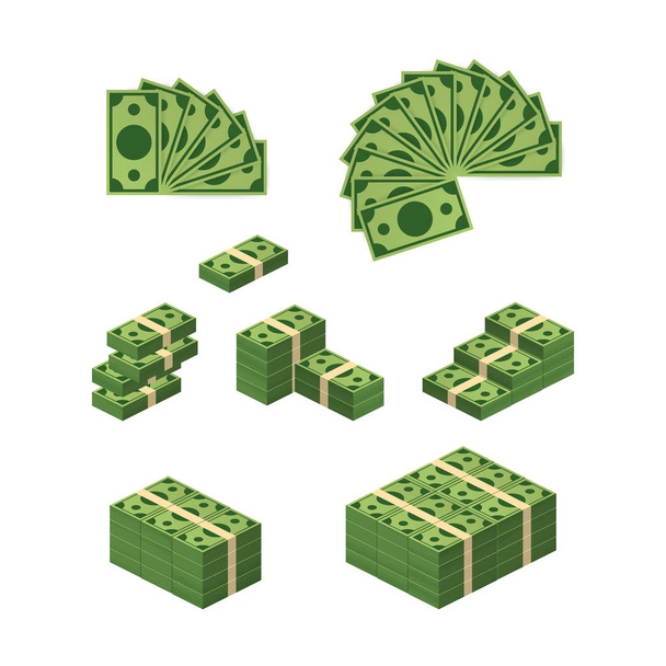 Various money bills dollar cash paper bank notes vector set. Money cash heap. Vector illustration. - Vector, Image
