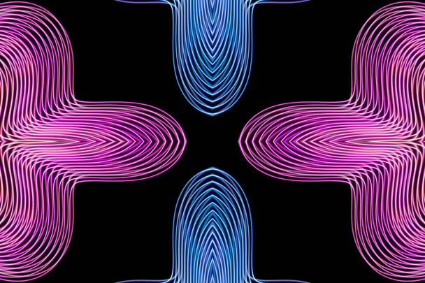 Abstracte bewegende beelden met gekleurde blauwe en roze spiralen en fractals op een zwarte achtergrond. Parametrische beweging. Abstracte futuristische ruimte achtergrond. - Foto, afbeelding