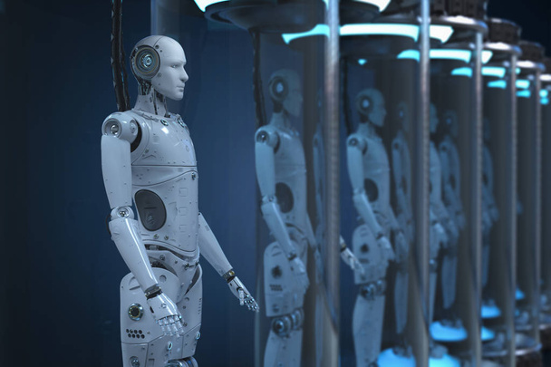 Entwicklungskonzept für künstliche Intelligenz mit 3D-Rendering-Roboter in Glaskapsel - Foto, Bild