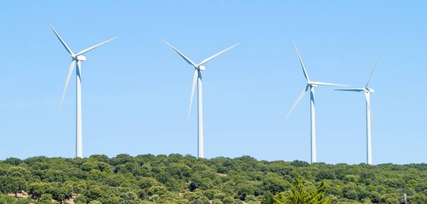  krajobraz z turbiną wiatrową w Salamance. Koncepcja energii odnawialnej - Zdjęcie, obraz