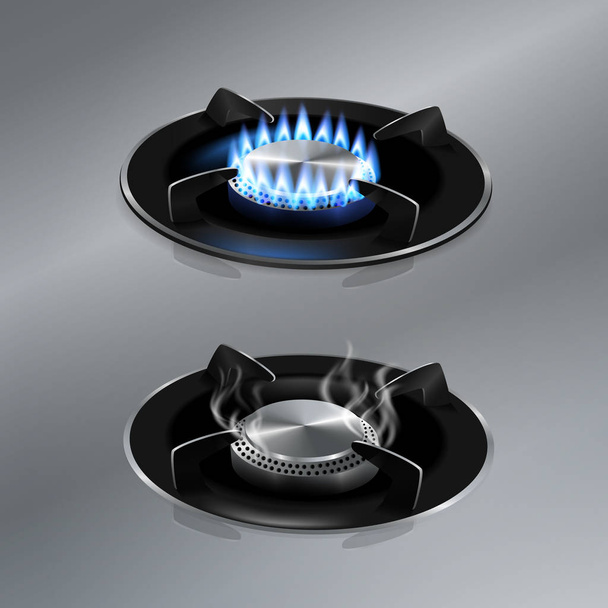 Cucina fornello a gas su pavimento in acciaio inox. Vettore realistico
.  - Vettoriali, immagini