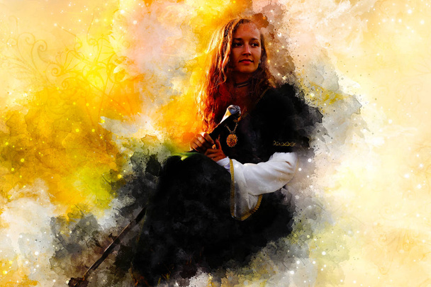 красивая женщина с мечом в исторической одежде и мягко размытый акварельный фон
. - Фото, изображение