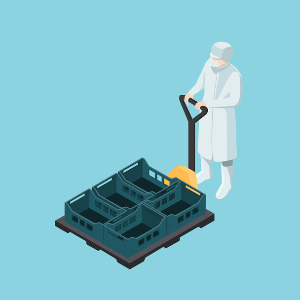 Работник пищевой промышленности за рулем погрузчика с изометрическими пластиковыми коробками
 - Вектор,изображение