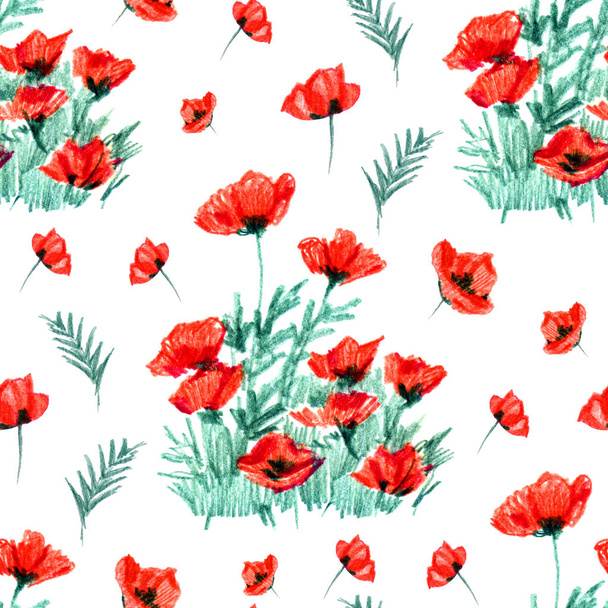 Seamless pattern with hand paint watercolor red poppy. - 写真・画像