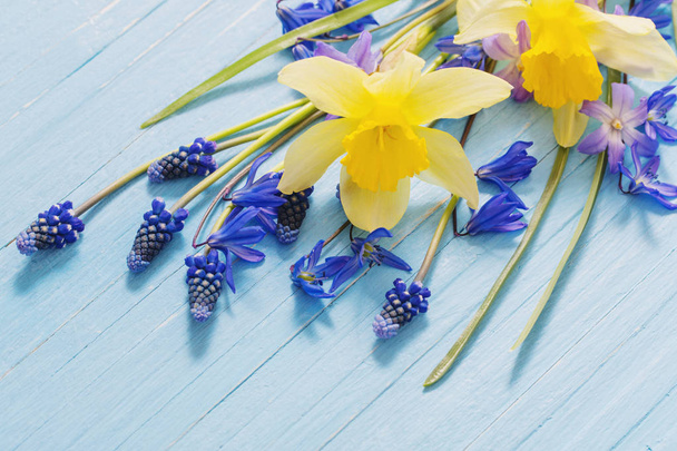 flores de primavera amarelo e azul no fundo de madeira
 - Foto, Imagem
