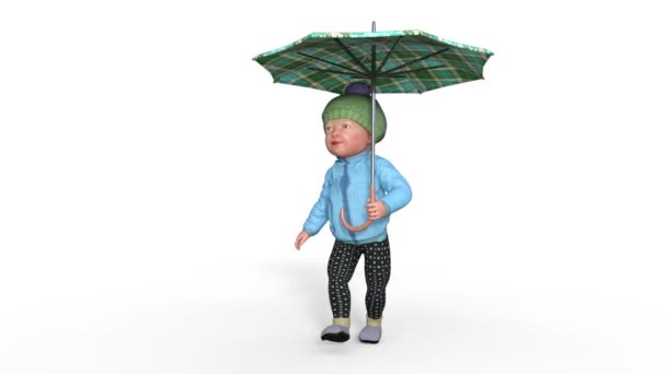3D μοντέλο, το παιδί πηγαίνει κάτω από την ομπρέλα - Πλάνα, βίντεο