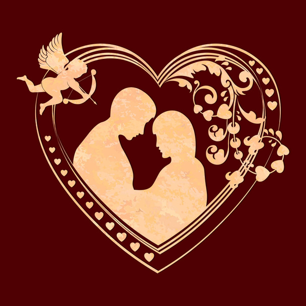 Composition with a silhouette of a heart with a girl in love and a guy. - Vector, Imagen