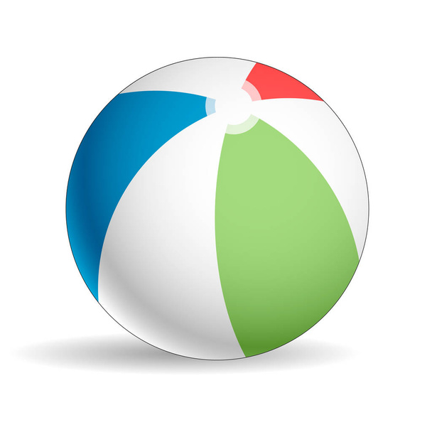 Bunter Beachball. Beachball - modernes realistisches Objekt. grüne, rote und blaue Kanten des Beachballs isoliert auf weißem Hintergrund. Vektorillustration, Eps10. - Vektor, Bild