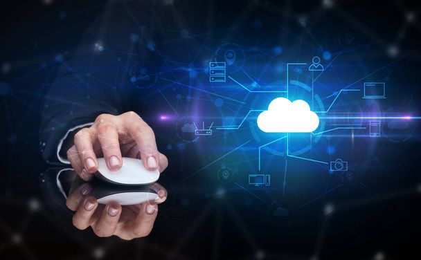 Hand using mouse with cloud technology and online storage concept - Φωτογραφία, εικόνα