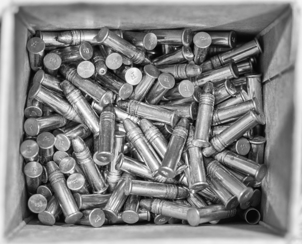 銅メッキ中空ポイント弾薬ボックス内の箇条書き - 写真・画像