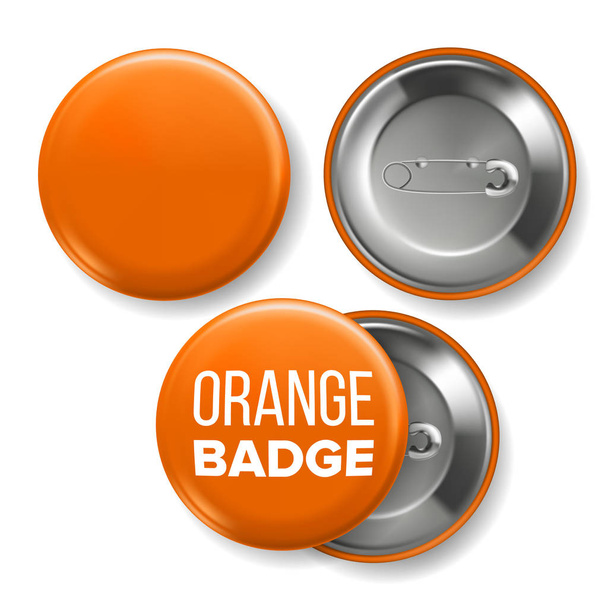 Orange Badge Mockup Vector. Pin Brooch Orange Button Blank. Two Sides. Front, Back View. Branding Design 3D Realistic Illustration - Vector, Image
