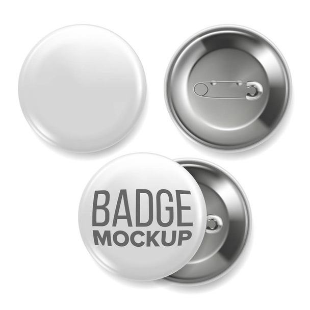 White Empty Badge Mockup Vector. Pin Brooch White Button Blank. Two Sides. Front, Back View. Branding Design 3D Realistic Illustration - Vector, Image