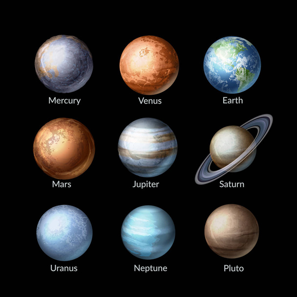 Vector illustration of realistic collection planets of solar system. Astronomy background - Vector, Image