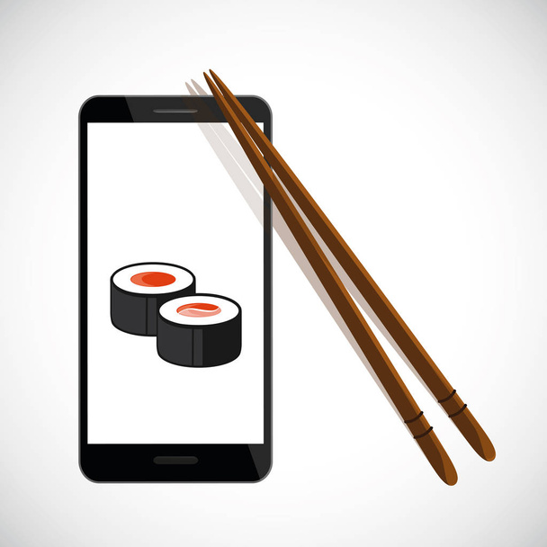 Sushi online binnen een zwarte smartphone - Vector, afbeelding