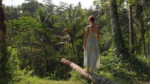 Luchtfoto van vrouw met witte jurk in de jungle van Bali eiland. - Foto, afbeelding