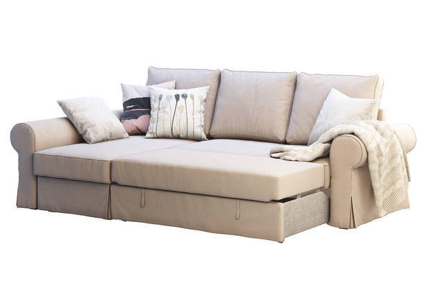 Sofá de tecido bege moderno com salão de chaise. Sofá com travesseiros coloridos e xadrez sobre fundo branco. Interior escandinavo. Renderização 3d
 - Foto, Imagem