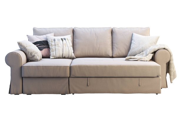 Chaise のラウンジ、モダンなベージュ布製ソファ。色枕と白い背景の格子縞のソファ。北欧のインテリア。3 d のレンダリング - 写真・画像
