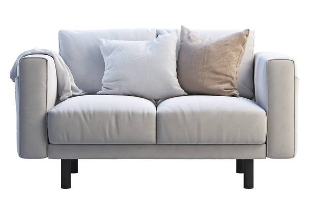 Сучасна біла тканина диван з кольоровими подушками і плед на білому фоні. Скандинавський інтер'єр. 3D візуалізації - Фото, зображення