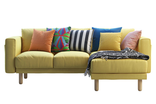 Modern yellow fabric sofa with chaise lounge. Sofa with colored pillows and plaid on white background. Scandinavian interior. 3d render - Foto, Imagem