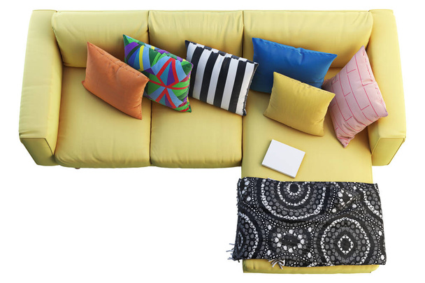 Sofá moderno de tela amarilla con chaise lounge. Sofá con almohadas de colores y cuadros sobre fondo blanco. Interior escandinavo. 3d renderizar
 - Foto, Imagen