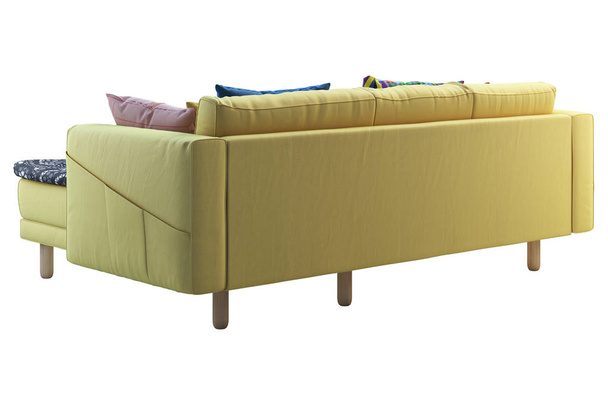 Nowoczesna żółta sofa z tkaniny z szezlongiem. Sofa z kolorowymi poduszkami i Plaid na białym tle. Skandynawskie wnętrze. Renderowanie 3D - Zdjęcie, obraz