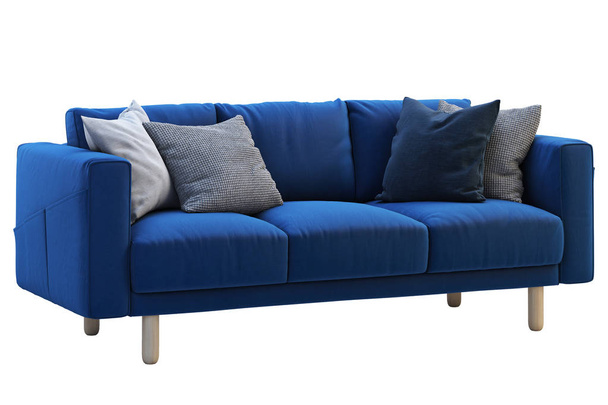 Moderne donker blauwe stof in rococostijl met gekleurde kussens op witte achtergrond. Scandinavische interieur. 3D render - Foto, afbeelding