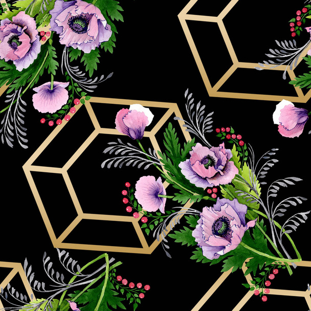 Pink and purple poppies watercolor illustration set. Seamless background pattern. Fabric wallpaper print texture. - Zdjęcie, obraz