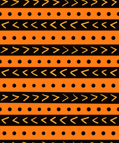 Patrón geométrico sin costuras dibujado a mano con rayas y puntos con flechas en colores negro y naranja. Ilustración vectorial. Diseño de estilo plano. Concepto para impresión textil infantil
 - Vector, Imagen