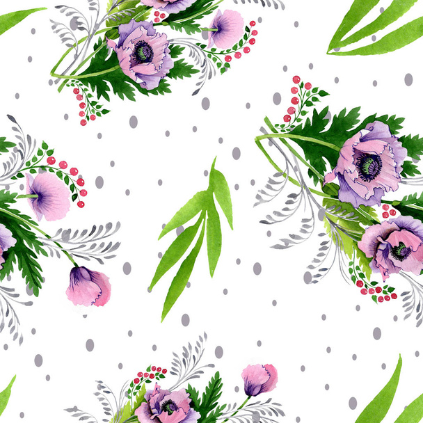 Pink and purple poppies watercolor illustration set. Seamless background pattern. Fabric wallpaper print texture. - Fotó, kép