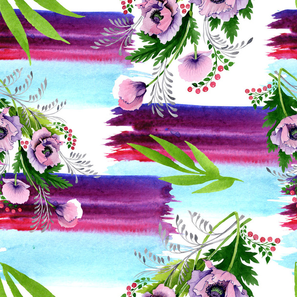 Pink and purple poppies watercolor illustration set. Seamless background pattern. Fabric wallpaper print texture. - Фото, изображение