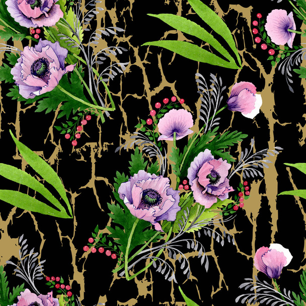 Pink and purple poppies watercolor illustration set. Seamless background pattern. Fabric wallpaper print texture. - Fotó, kép