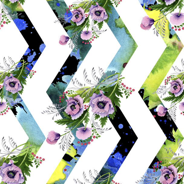 Rosa y púrpura amapolas conjunto de ilustración de acuarela. Patrón de fondo sin costuras. Textura de impresión de papel pintado de tela
. - Foto, Imagen