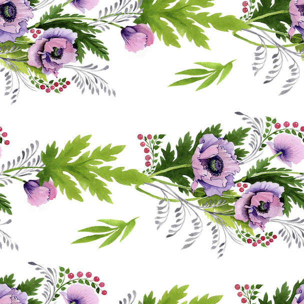 Pink and purple poppies watercolor illustration set. Seamless background pattern. Fabric wallpaper print texture. - Photo, Image