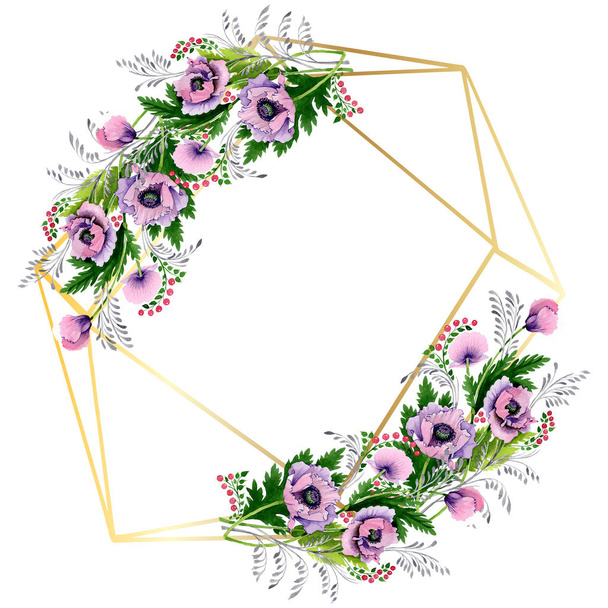 rosa und lila Mohn isoliert auf weiß. Aquarell Hintergrundillustration Set. Rahmen-Bordüre mit Kopierraum. - Foto, Bild