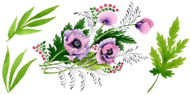 Amapolas rosadas y púrpuras aisladas en blanco. Acuarela fondo ilustración conjunto
.  - Foto, Imagen