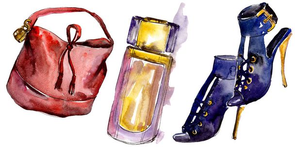 Shoes, parfume and bag sketch fashion glamour illustration in a watercolor style isolated. Watercolour clothes accessories set trendy vogue outfit. Aquarelle fashion sketch for background, texture. - Photo, image