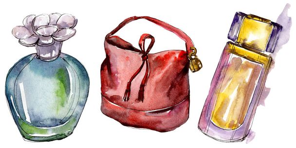 Parfume and bag sketch fashion glamour illustration in a watercolor style isolated. Watercolour clothes accessories set trendy vogue outfit. Aquarelle fashion sketch for background, texture. - Fotó, kép