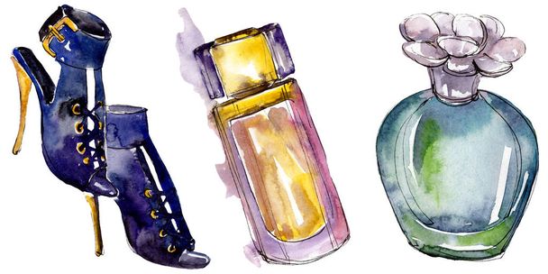 Shoes and parfume sketch fashion glamour illustration in a watercolor style isolated. Watercolour clothes accessories set trendy vogue outfit. Aquarelle fashion sketch for background, texture. - Foto, afbeelding