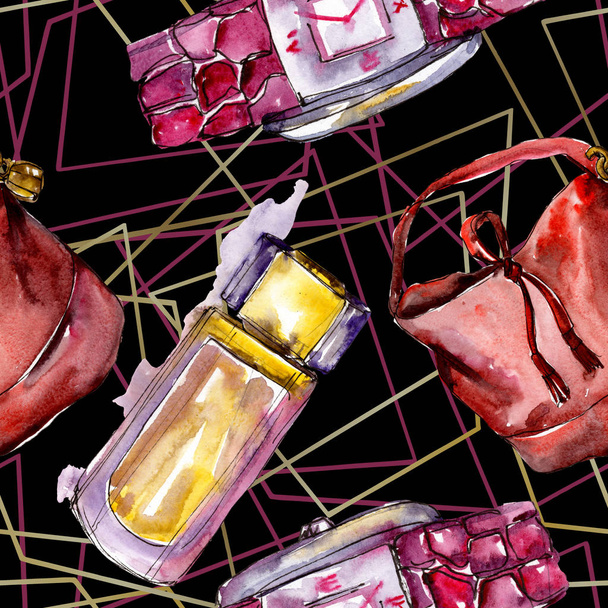 Parfume, watch, shoes and bag sketch fashion glamour illustration in a watercolor style. Watercolour clothes accessories set trendy vogue outfit. Aquarelle fashion sketch for seamless pattern. - 写真・画像