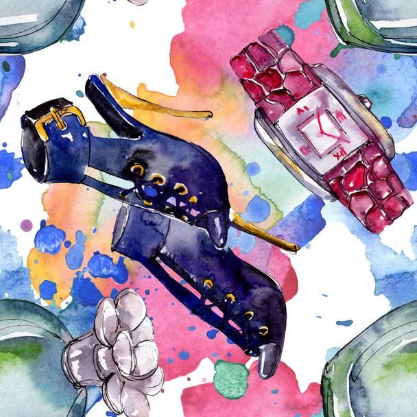 Parfume, watch, shoes and bag sketch fashion glamour illustration in a watercolor style. Watercolour clothes accessories set trendy vogue outfit. Aquarelle fashion sketch for seamless pattern. - Photo, Image