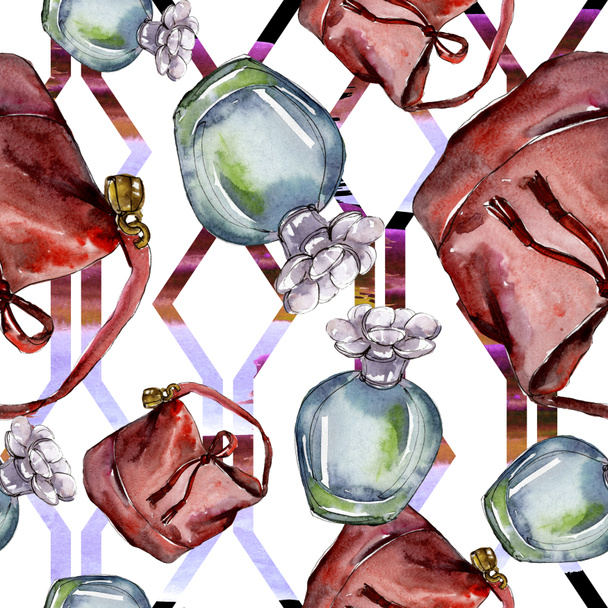 Parfume, watch, shoes and bag sketch fashion glamour illustration in a watercolor style. Watercolour clothes accessories set trendy vogue outfit. Aquarelle fashion sketch for seamless pattern. - 写真・画像