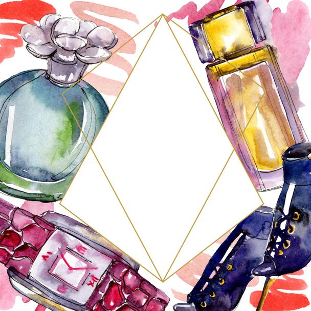 Parfume, watch, shoes and bag sketch fashion glamour illustration in a watercolor style. Watercolour clothes accessories set trendy vogue outfit. Aquarelle sketch for background, frame or border. - Foto, imagen