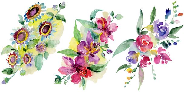 Bouquets floral botanical flower. Wild spring leaf wildflower isolated. Watercolor background illustration set. Watercolour drawing fashion aquarelle isolated. Isolated bouquet illustration element. - Photo, Image