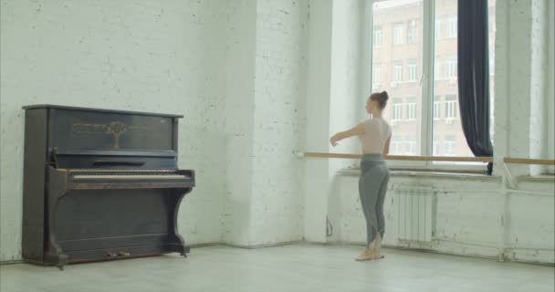 Ballet dancer exercising grand plie at barre - 映像、動画