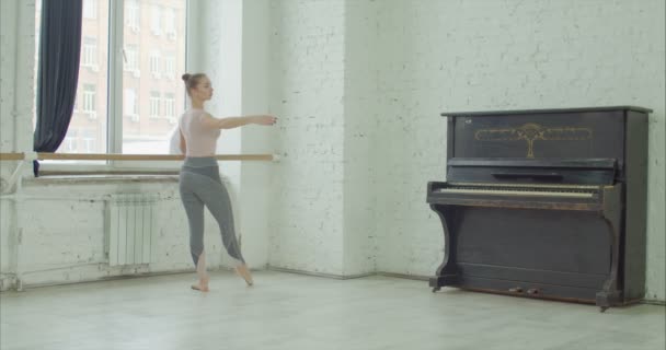 Ballet dancer exercising battement tendu at barre - Záběry, video