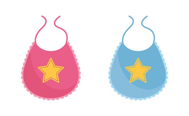 Baby bib vector illustration set - pink and blue newborn wearing decorated with yellow star. - Vektor, kép