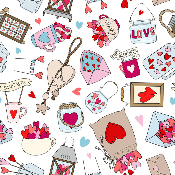 Seamless pattern with cute jam jar, mug, cup, lantern with hearts. Perfect for Valentines Day decoration. Wedding and romance concept. Vector hand drawn illustration. - Vettoriali, immagini